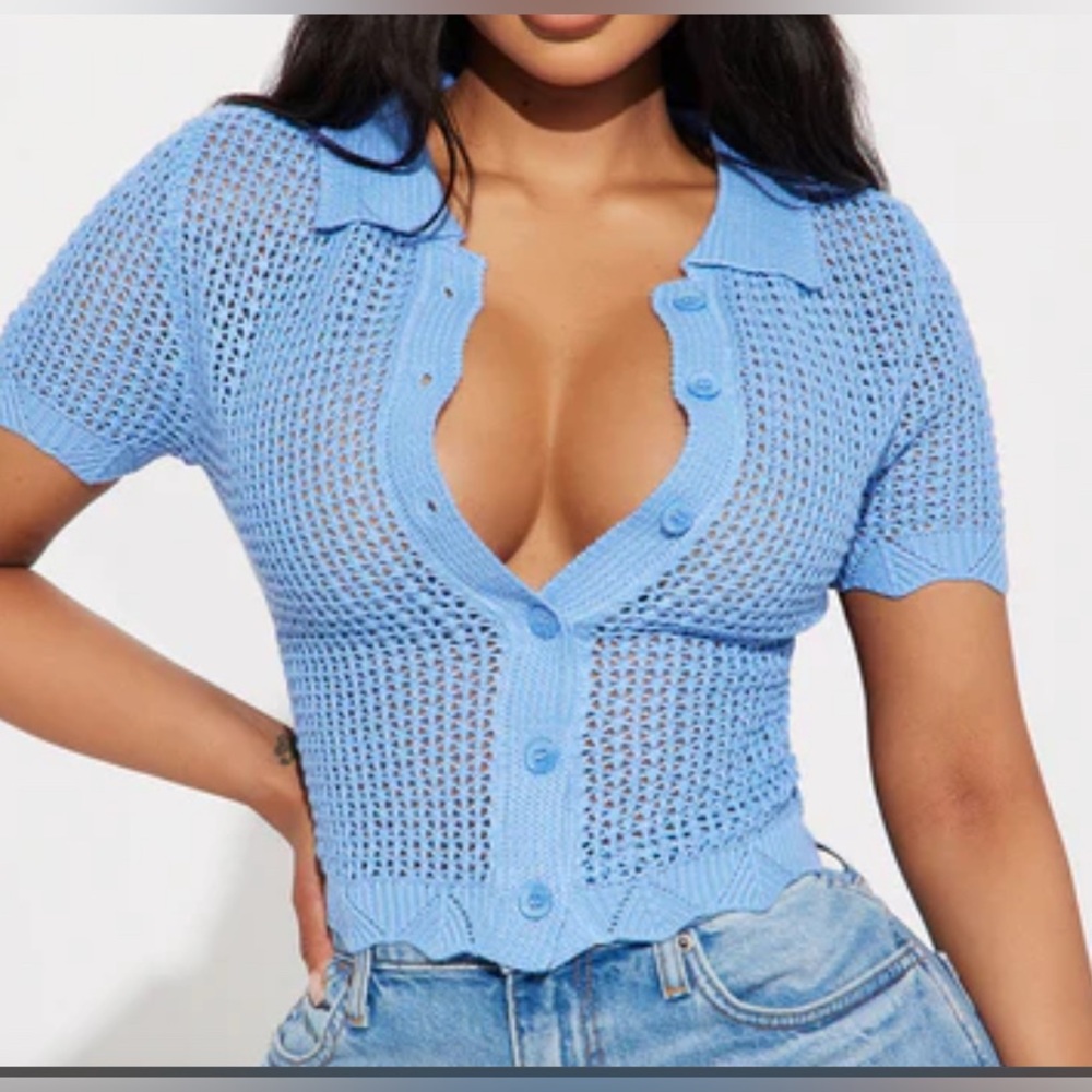 Fashion Nova Blue Knit Button-Up Top